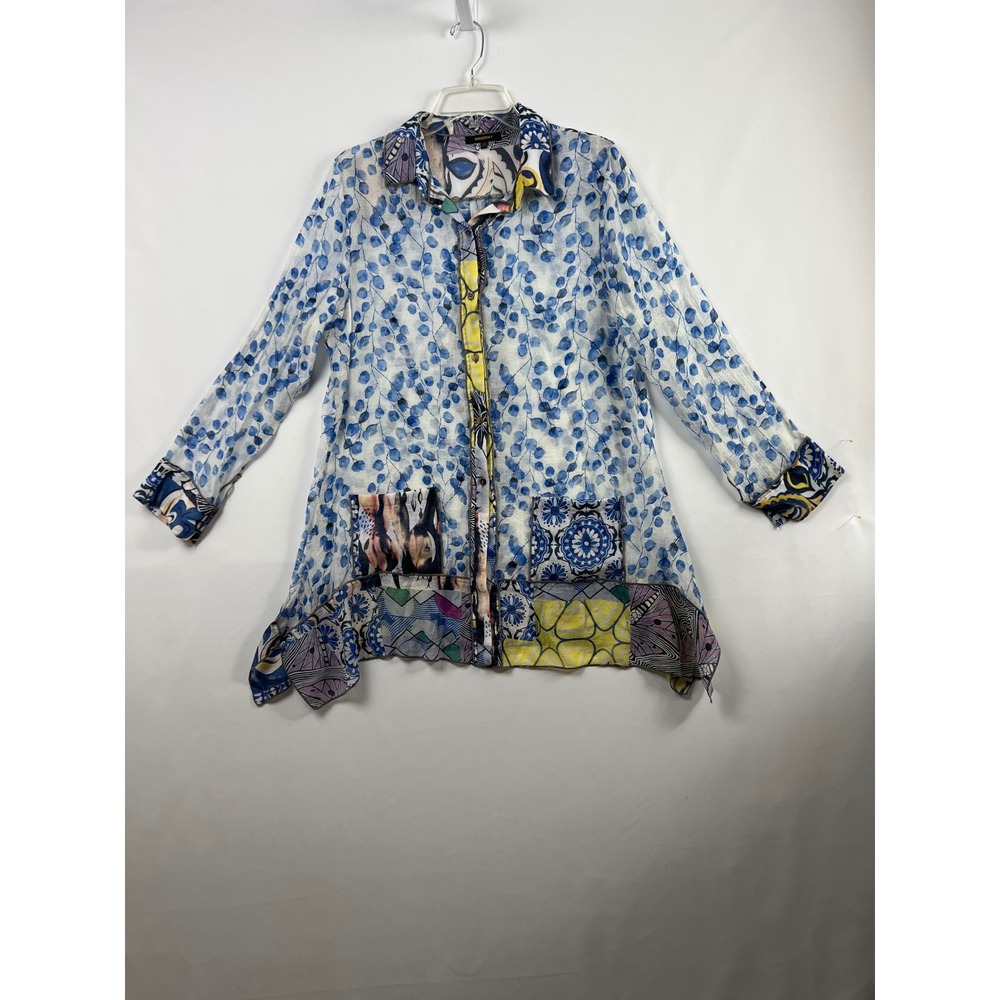 Radzoli Tunic Button Down Blouse Womens Large Blue Floral Mixed Patchwork Top